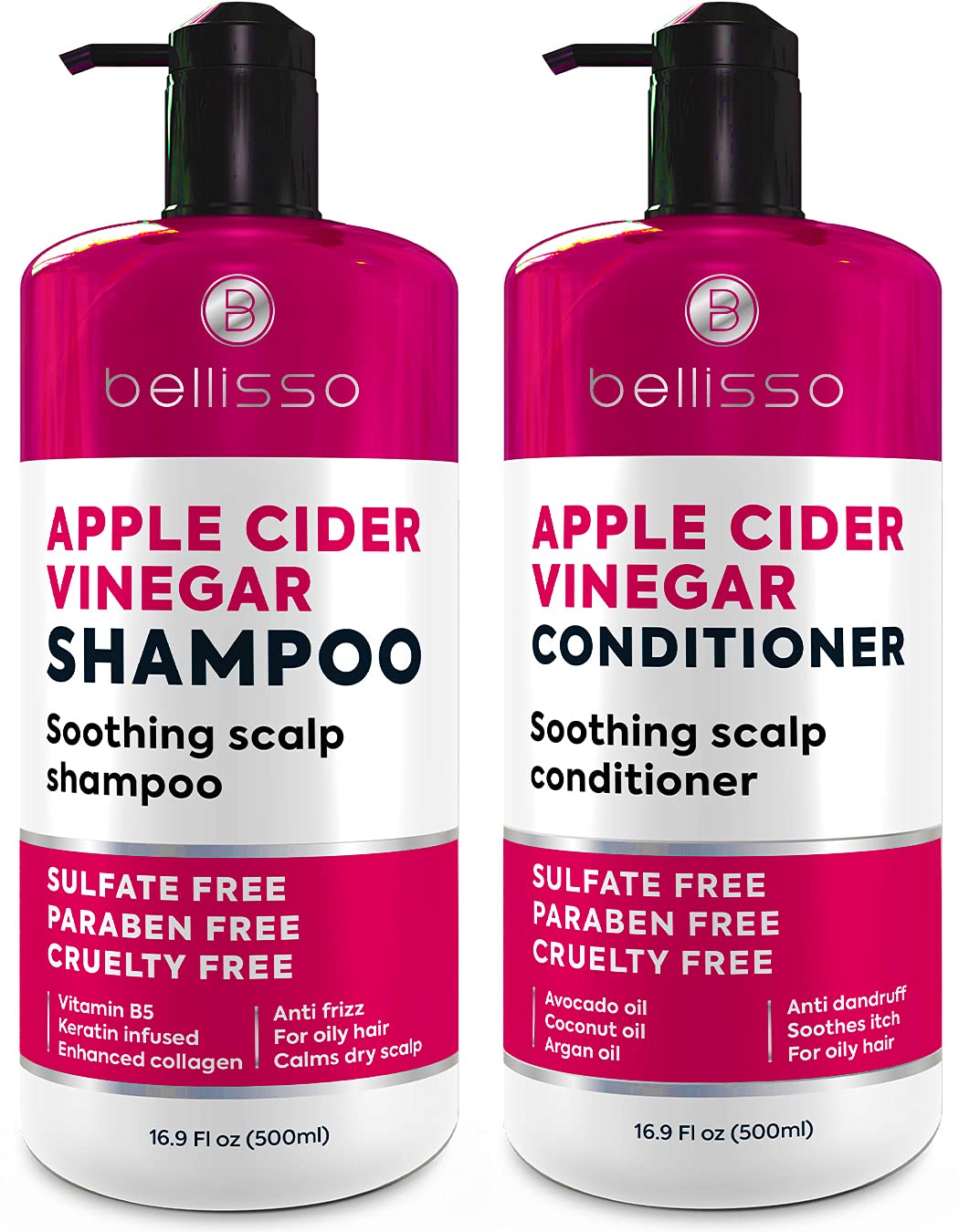 Bellisso Apple Cider Vinegar Shampoo bottle front demonstrates sulfate-free cleansing for a gentler scalp.