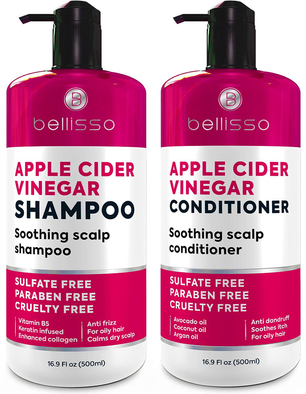 Bellisso Apple Cider Vinegar Shampoo bottle front demonstrates sulfate-free cleansing for a gentler scalp.