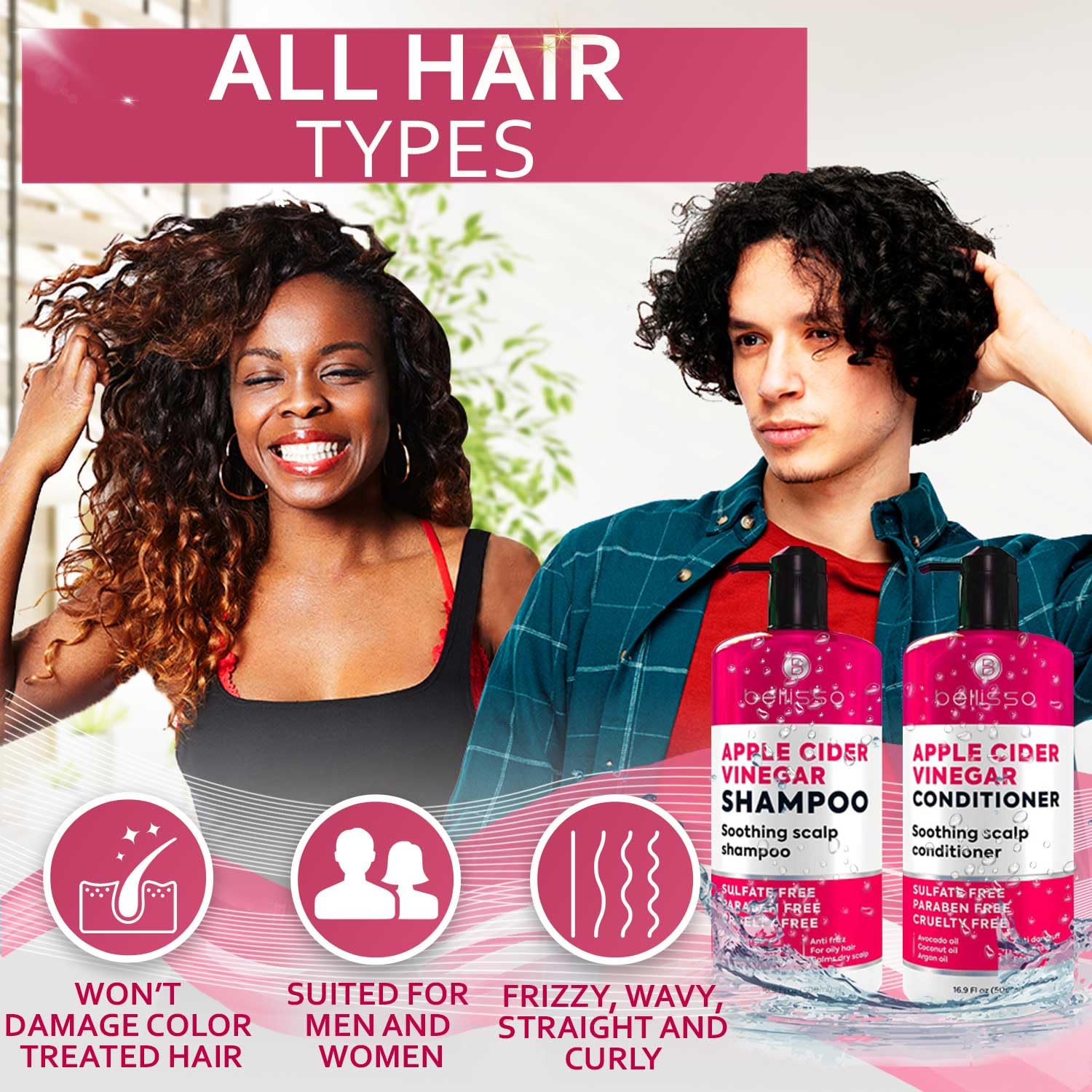 Bellisso Argan avocado coconut ingredients image communicates botanical nourishment for healthy-looking hair.
