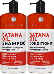 Bellisso Batana Oil Shampoo bottle highlights volumizing batana oil for fuller-looking hair.
