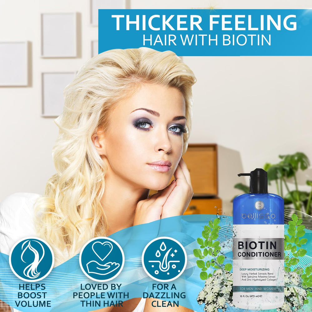 BELLISSO Biotin Conditioner being applied for smoother, hydrated strands.