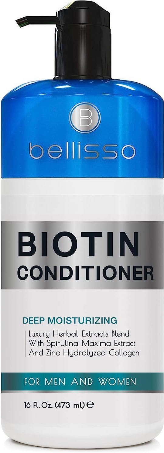 Bellisso Biotin Conditioner bottle close-up highlighting sulfate-free formulation for healthier hair.