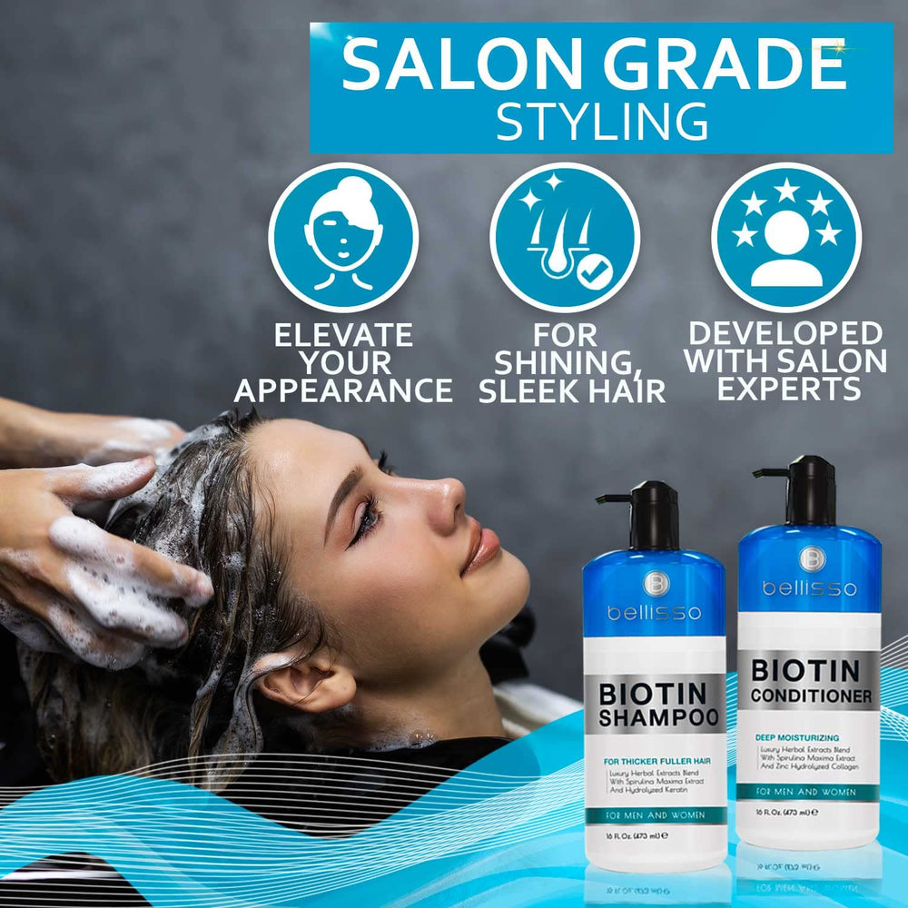 Bellisso Biotin Conditioner hair strands focus indicates thicker-feeling, smoother results.