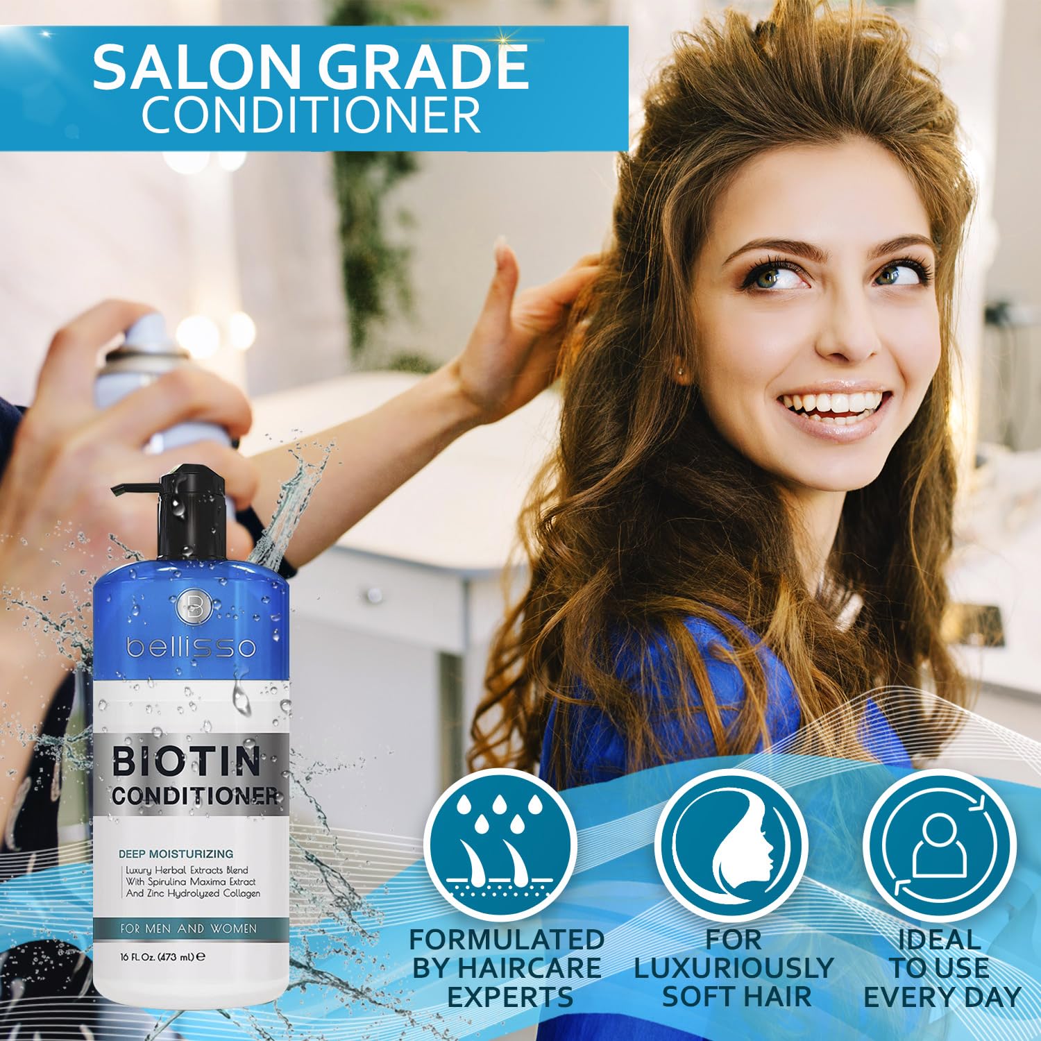 BELLISSO Biotin Conditioner sulfate-free label on bottle promotes gentle care.