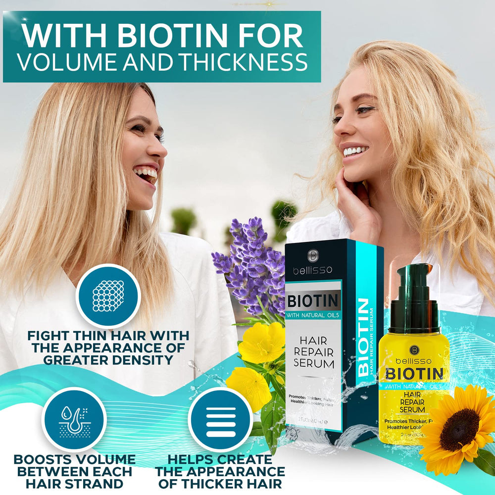 Bellisso biotin hair serum pump dispense enables easy, mess-free application for fuller hair.