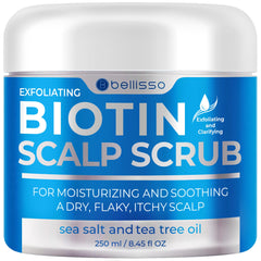 Bellisso Biotin Scalp Scrub bottle application for even exfoliation and cleansing