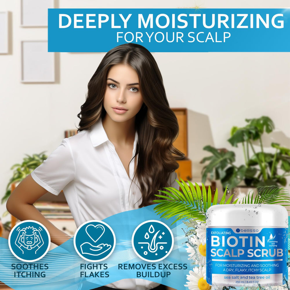 Bellisso Biotin Scalp Scrub texture closeup shows exfoliating microbeads for dead-skin removal