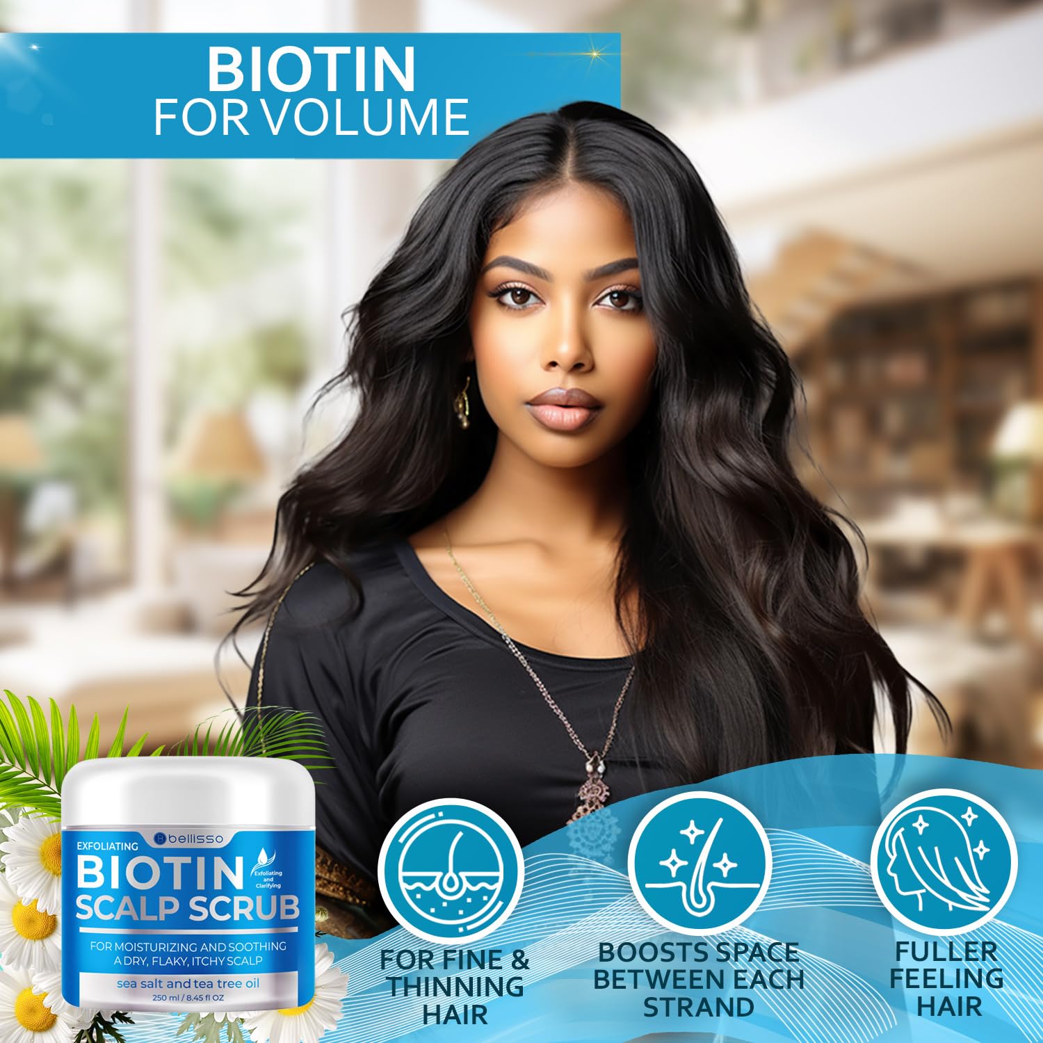 Bellisso Biotin Scalp Scrub volume effect on fine hair strands