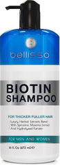 Bellisso Biotin Shampoo bottle closeup shows volumizing formula for thicker hair.