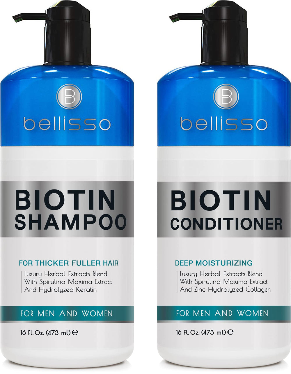 Bellisso Biotin Shampoo bottle pour demonstrates gentle cleansing for daily hair care.