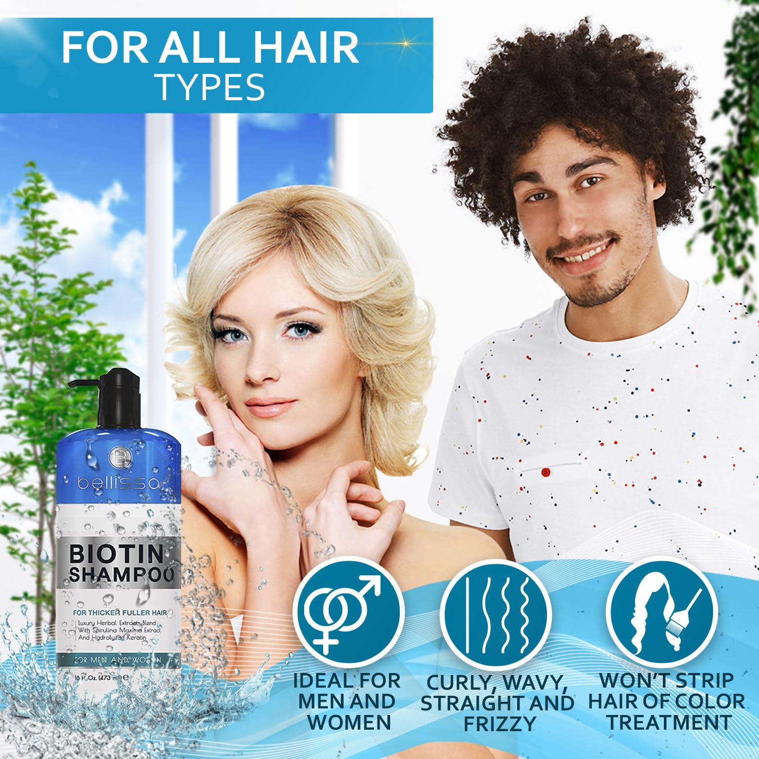 Bellisso Biotin Shampoo tested on all hair types supports volume and moisture.