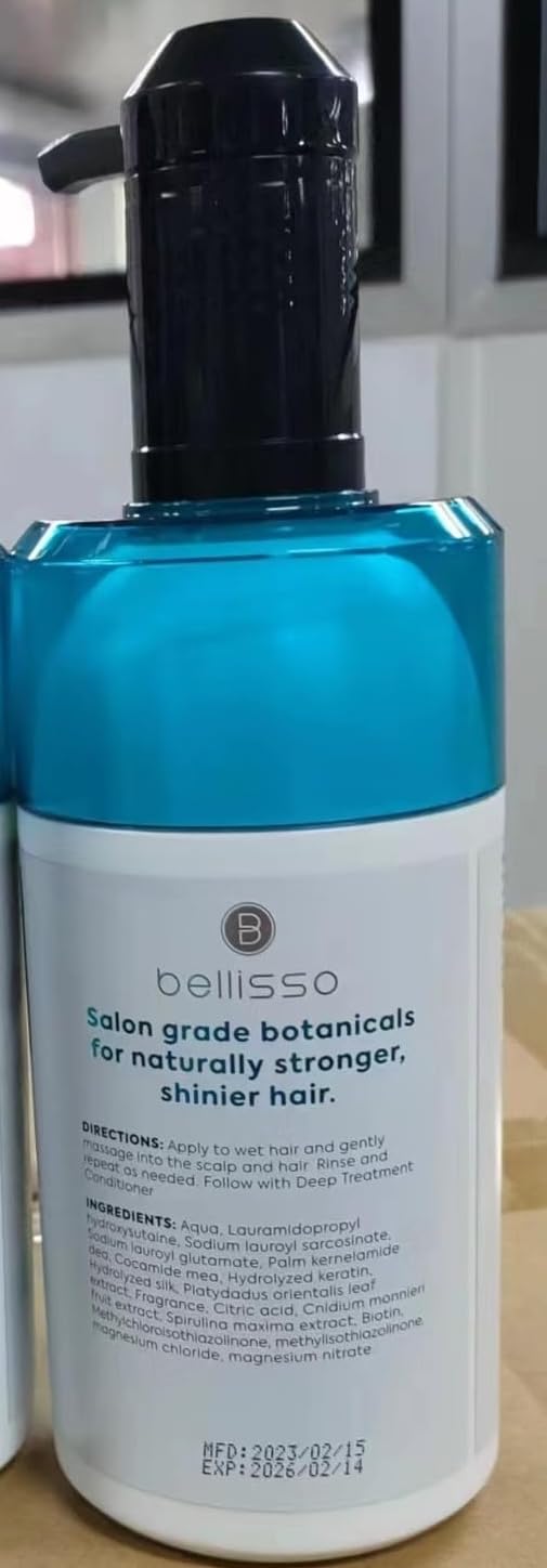 Bellisso Biotin Shampoo on sink with brush illustrates ideal daily use.