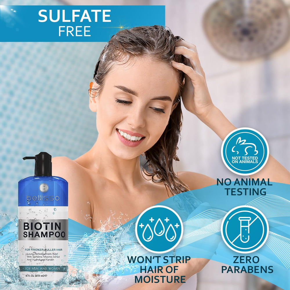 Bellisso Biotin Shampoo label emphasizes sulfate-free cleanse and gentle formula.