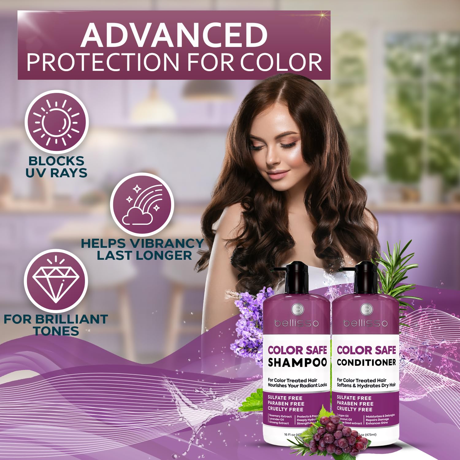 Bellisso Color Safe Conditioner bottle nourishes hair and preserves color