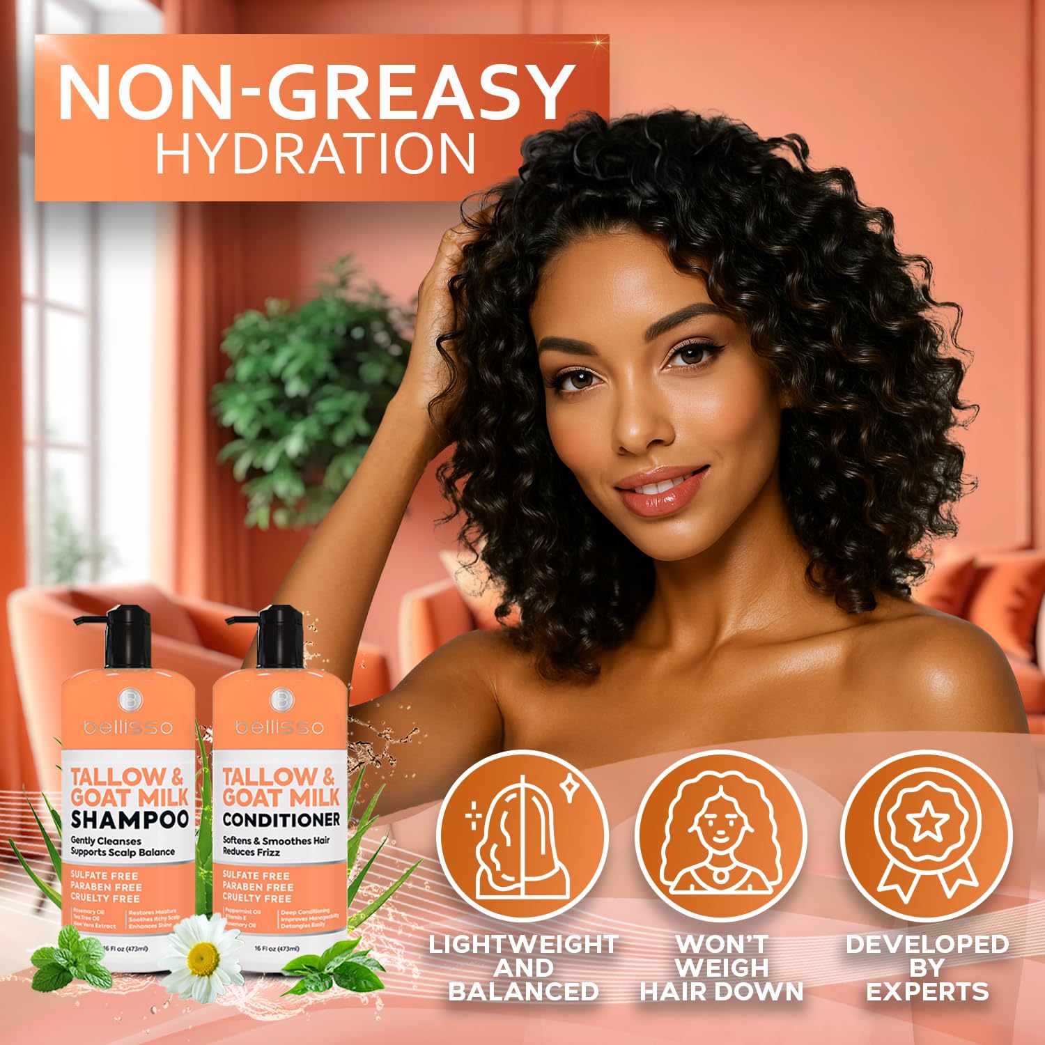 BELLISSO conditioner dispense-shot highlights easy application for detangling