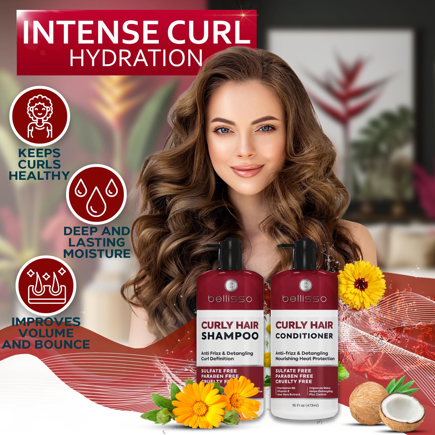 Bellisso curly conditioner bottle delivering lasting moisture for soft, bouncy curls.
