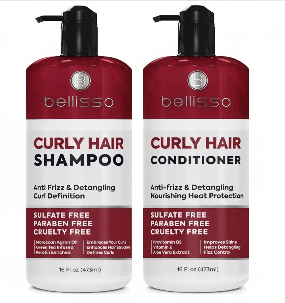 Bellisso curly shampoo bottle with definition-boosting formula for waves and frizz control.