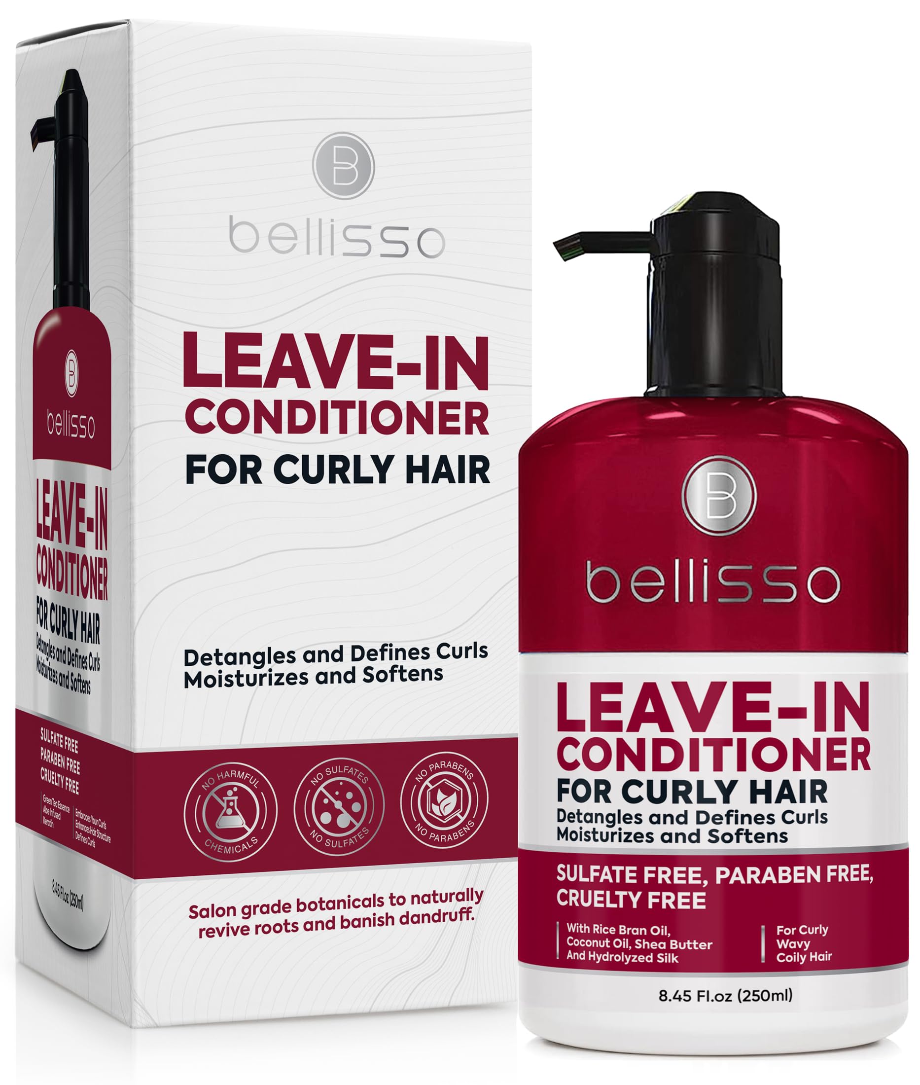 Bellisso Leave-In Conditioner curly bottle showing hydration for defined curls