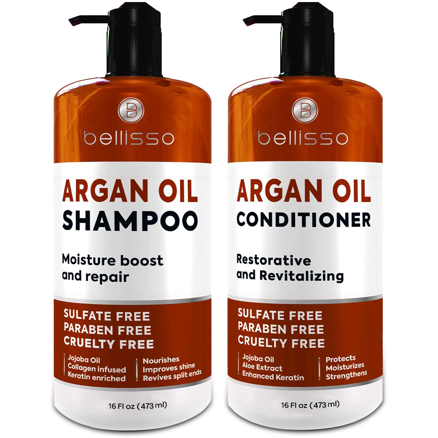 Bellisso Moroccan Argan Oil Shampoo bottle demonstrates radiant shine potential for all hair types.