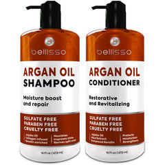Bellisso Moroccan Argan Oil Shampoo bottle demonstrates radiant shine potential for all hair types.
