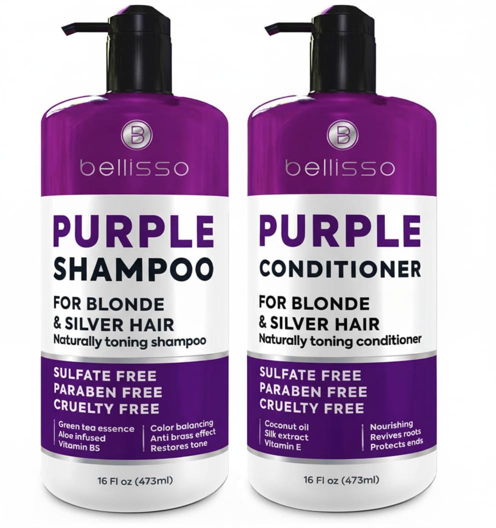 Bellisso purple shampoo bottle pour shows quick toning for cooler blonde tones