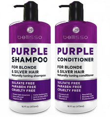 Bellisso purple shampoo bottle pour shows quick toning for cooler blonde tones