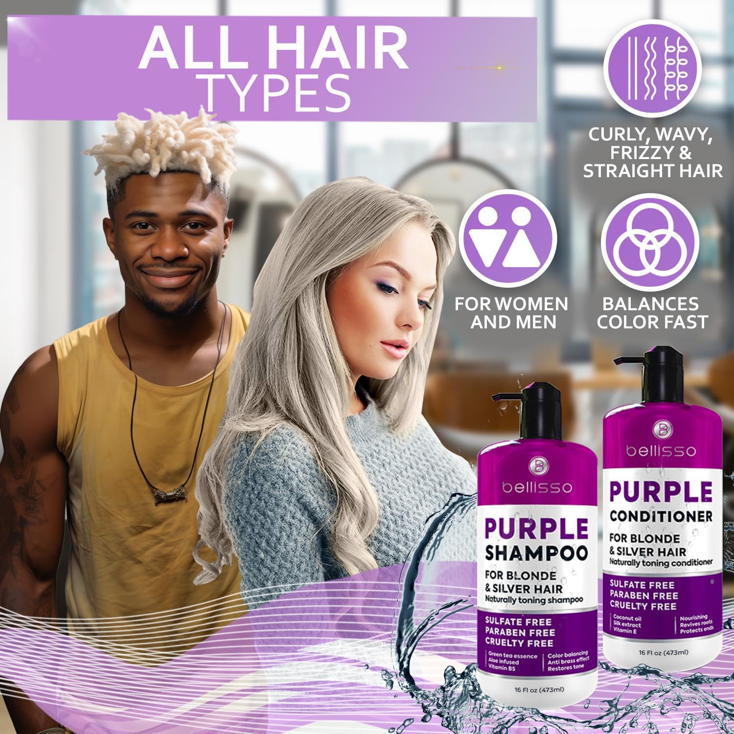 Bellisso shampoo-conditioner set on sink for easy blonde maintenance routine
