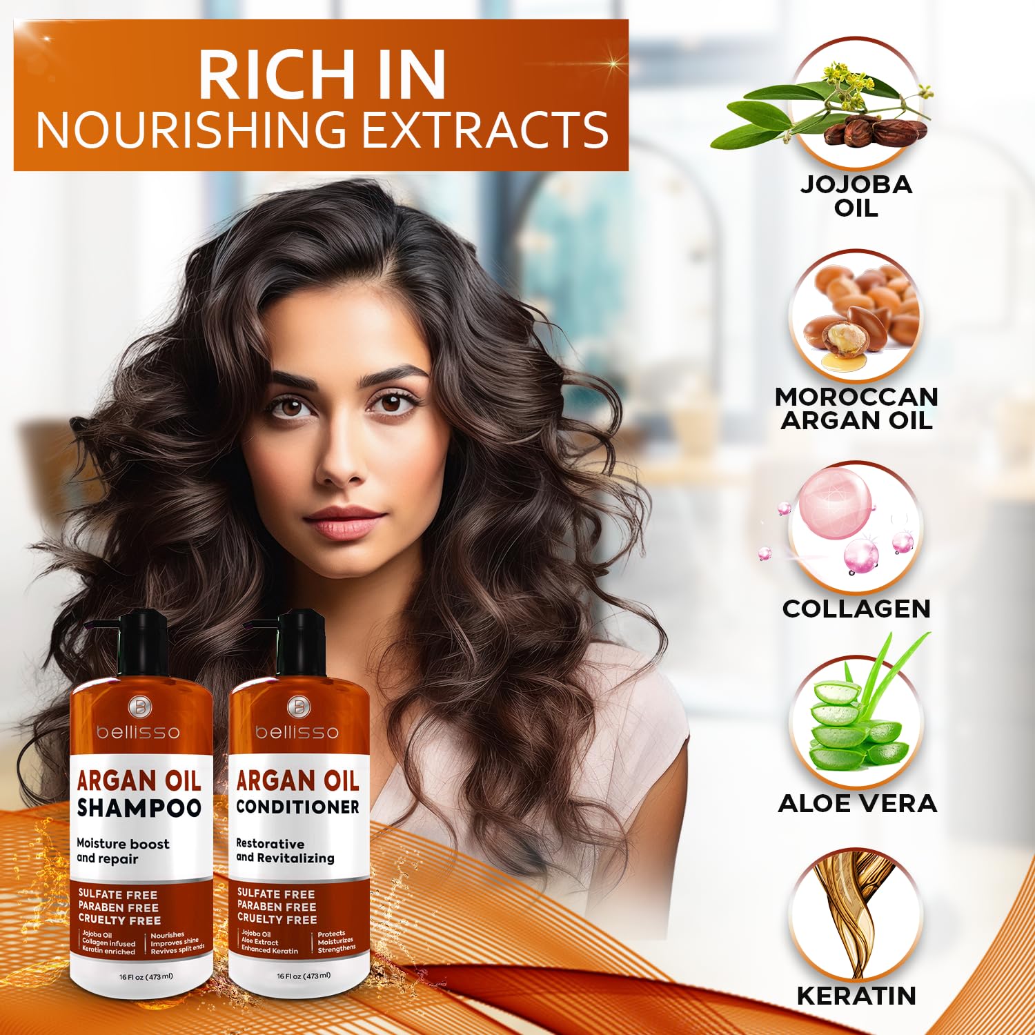 Bellisso sulfate-free shampoo label highlights paraben-free formula that respects scalp.