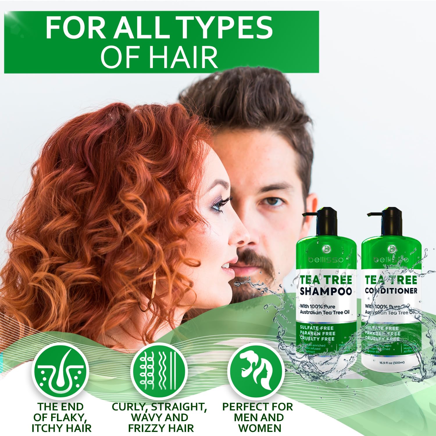 Bellisso Tea Tree Conditioner bottle with keratin, Vitamin B5 and collagen icons signaling nourishment.