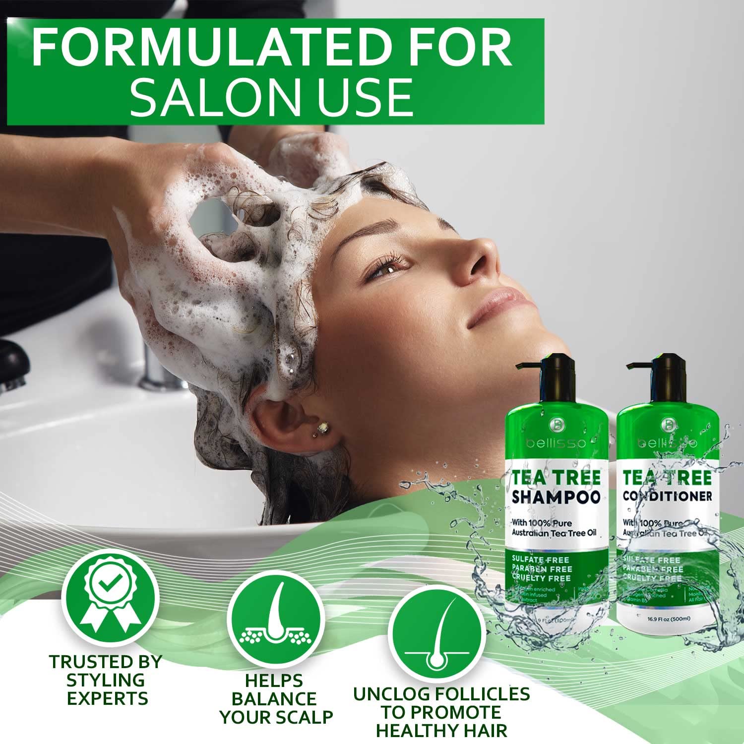 Bellisso Tea Tree Shampoo action shot showing deep-cleanse for oily scalp.