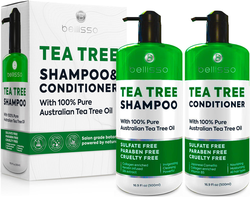 Bellisso Tea Tree Set on bathroom shelf with glossy, healthy-looking hair after use.