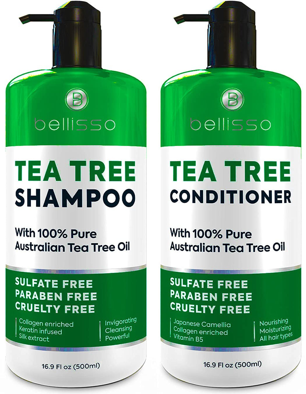 Bellisso Tea Tree Shampoo bottle closeup for invigorating scalp refresh.