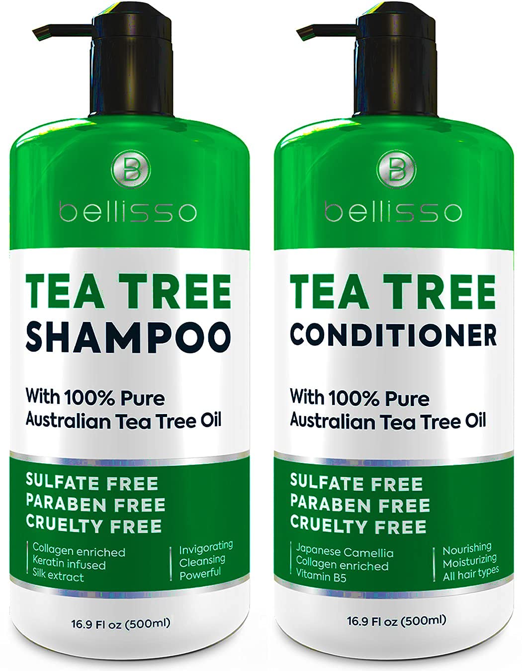 Bellisso Tea Tree Shampoo bottle closeup for invigorating scalp refresh.