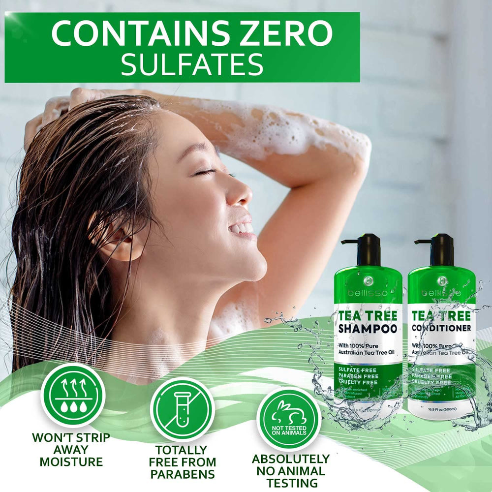 Bellisso Tea Tree Shampoo and Conditioner duo packaging showing sulfate- and paraben-free formula.