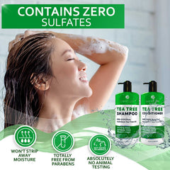 Bellisso Tea Tree Shampoo and Conditioner duo packaging showing sulfate- and paraben-free formula.