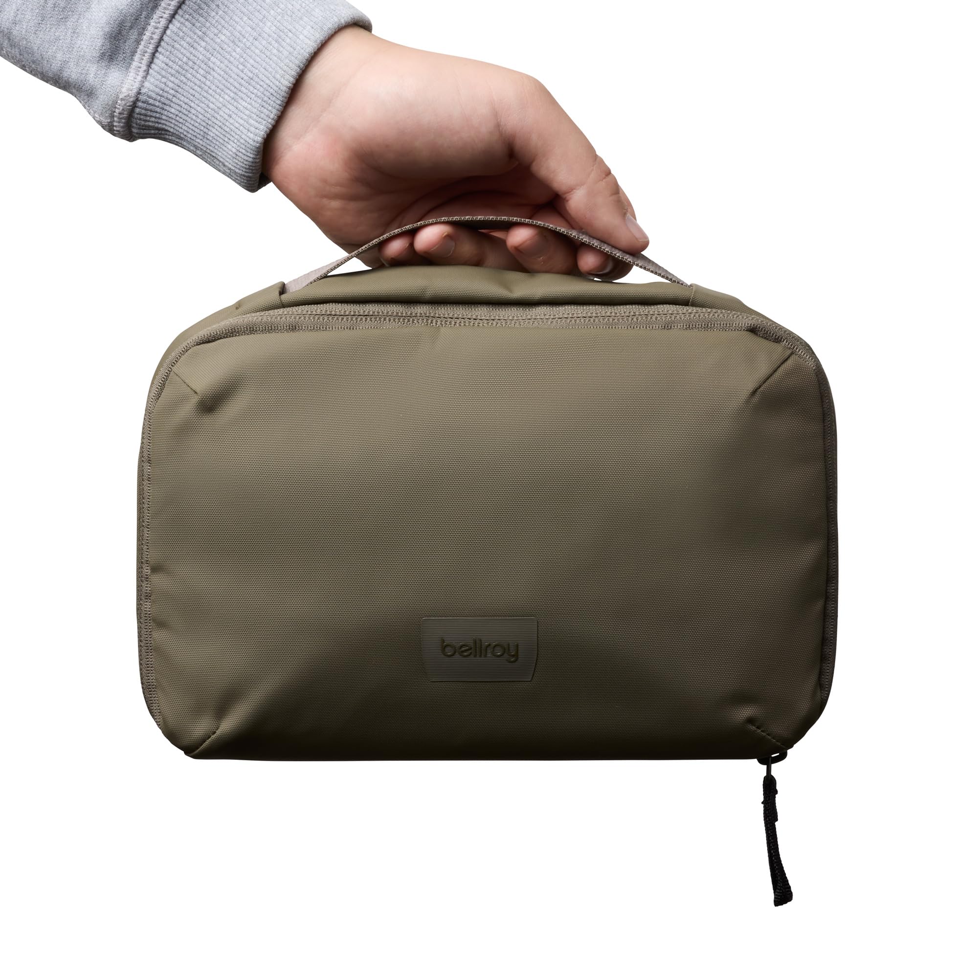 Bellroy Hanging Toiletry Kit aluminum hook hangs over doors and rails.