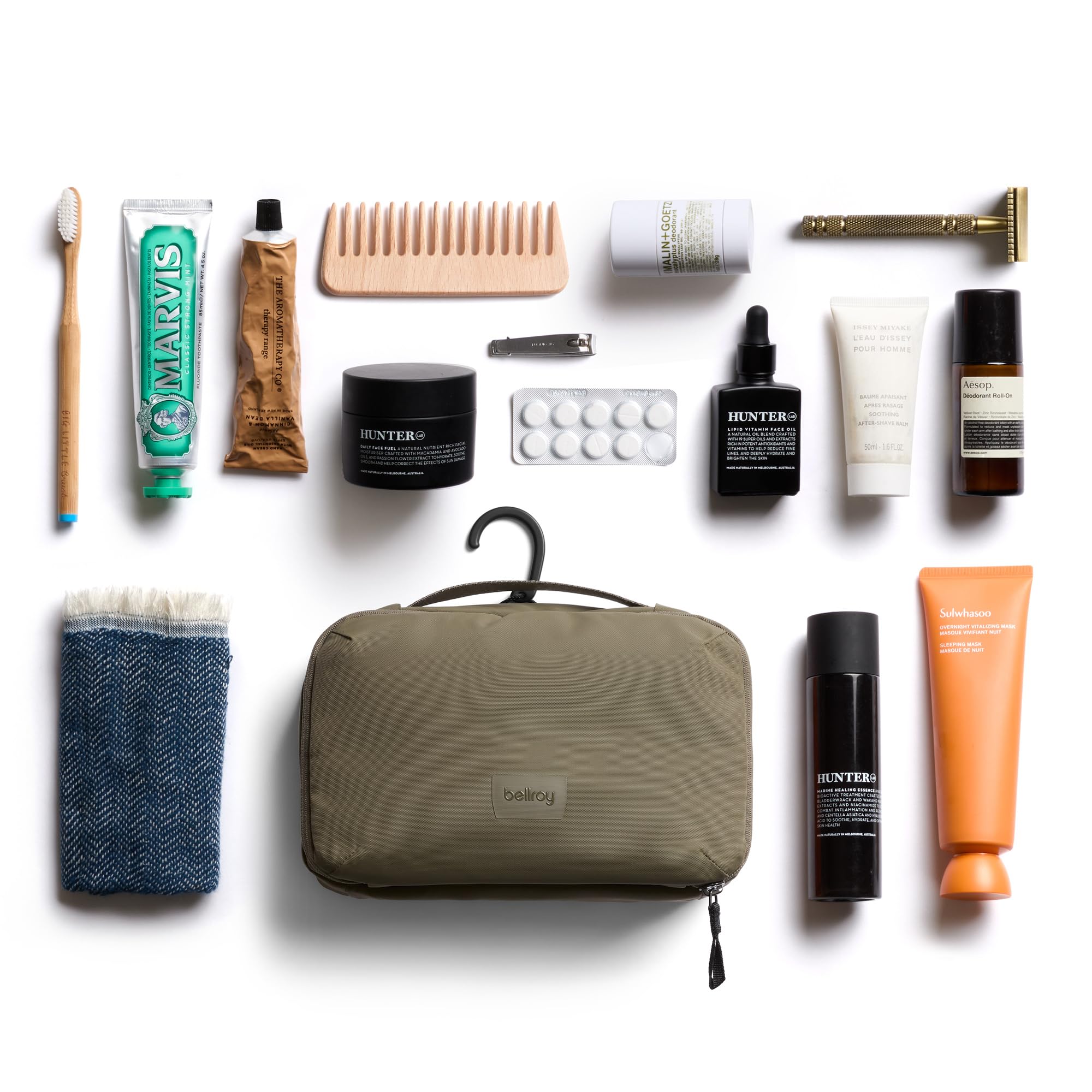 Bellroy Hanging Toiletry Kit compact size fits travel luggage.