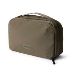 Bellroy Hanging Toiletry Kit open clamshell for easy packing and quick access.