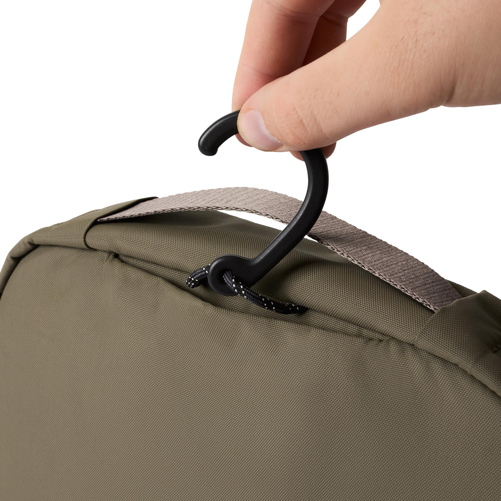 Bellroy Hanging Toiletry Kit transparent zip pocket shows contents at a glance.