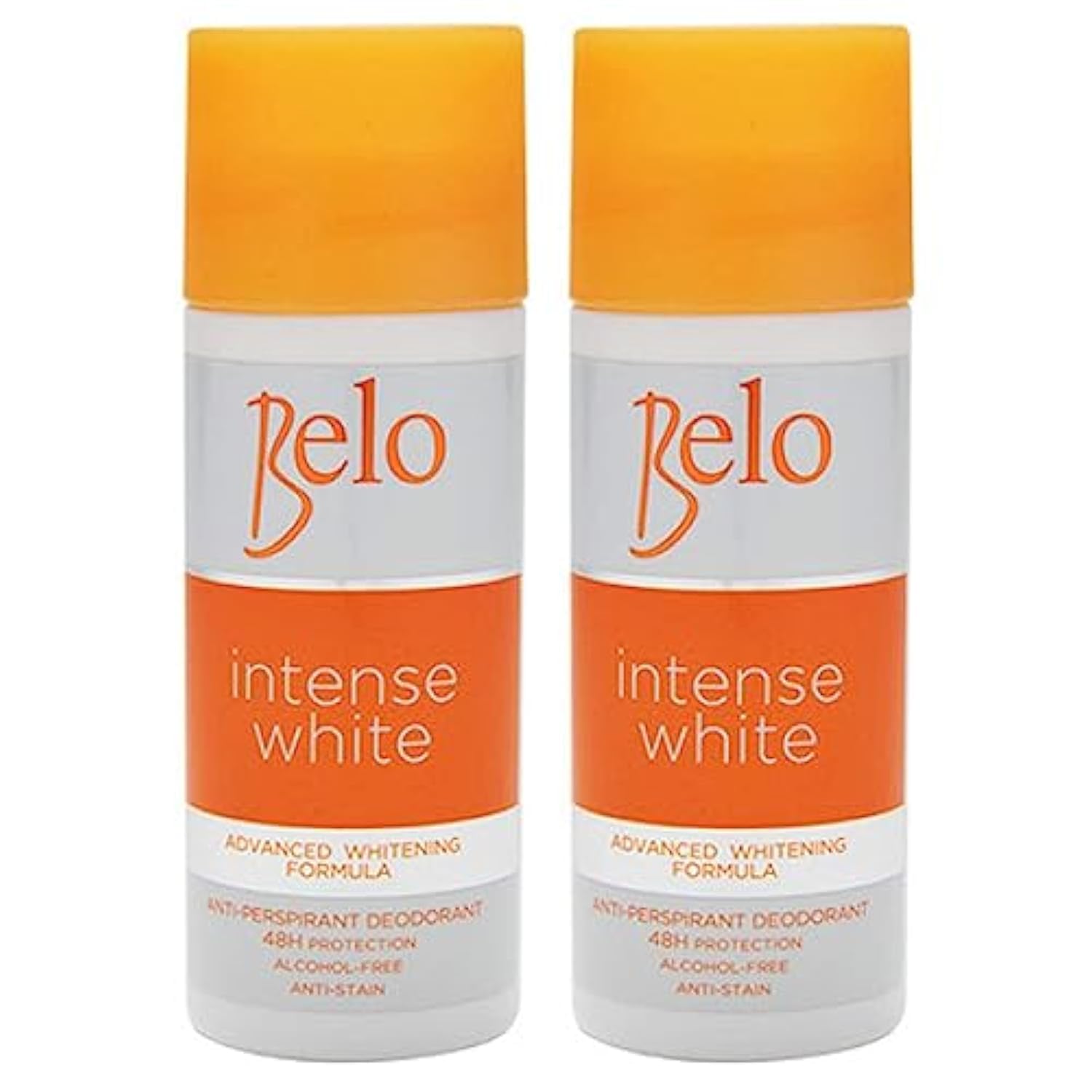 BELO Intense White deodorant bottle demonstrates dual whitening action for underarm care