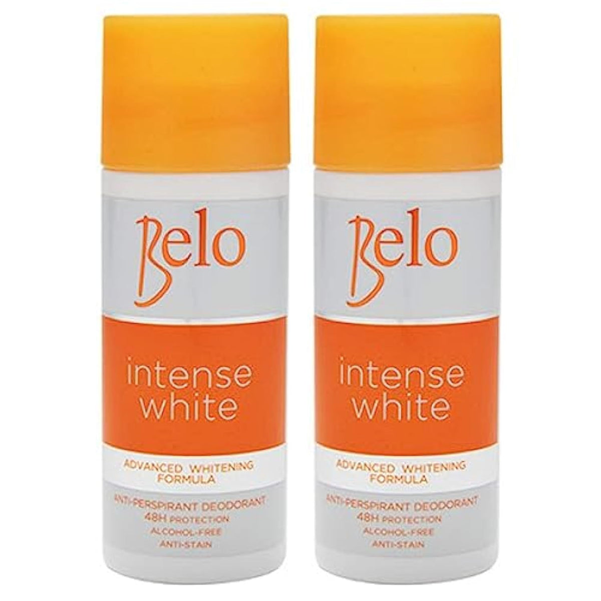 BELO Intense White deodorant bottle demonstrates dual whitening action for underarm care