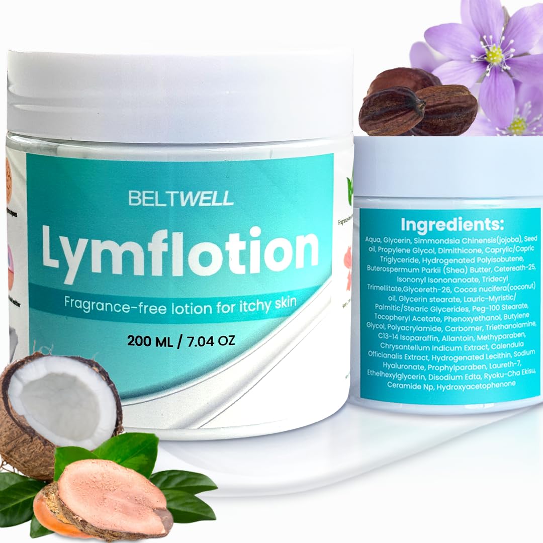 Beltwell Lymflotion application on arms shows soothing use for itchy skin.