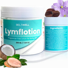 Beltwell Lymflotion application on arms shows soothing use for itchy skin.