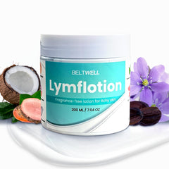 Beltwell Lymflotion bottle packshot shows fragrance-free, non-greasy formula for sensitive skin comfort.