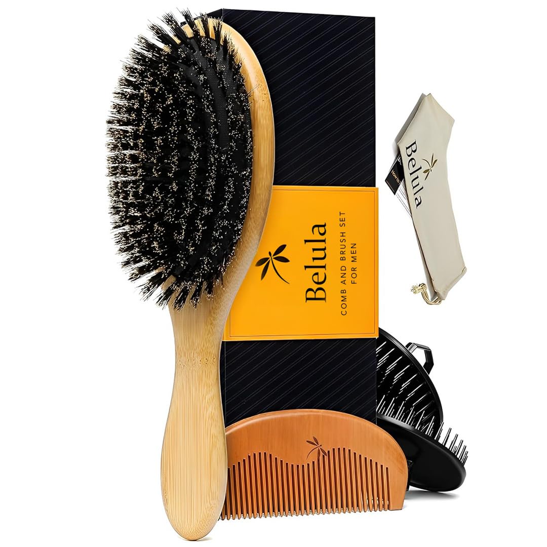 Belula boar bristle hair brush set with soft bristles for even oil distribution.