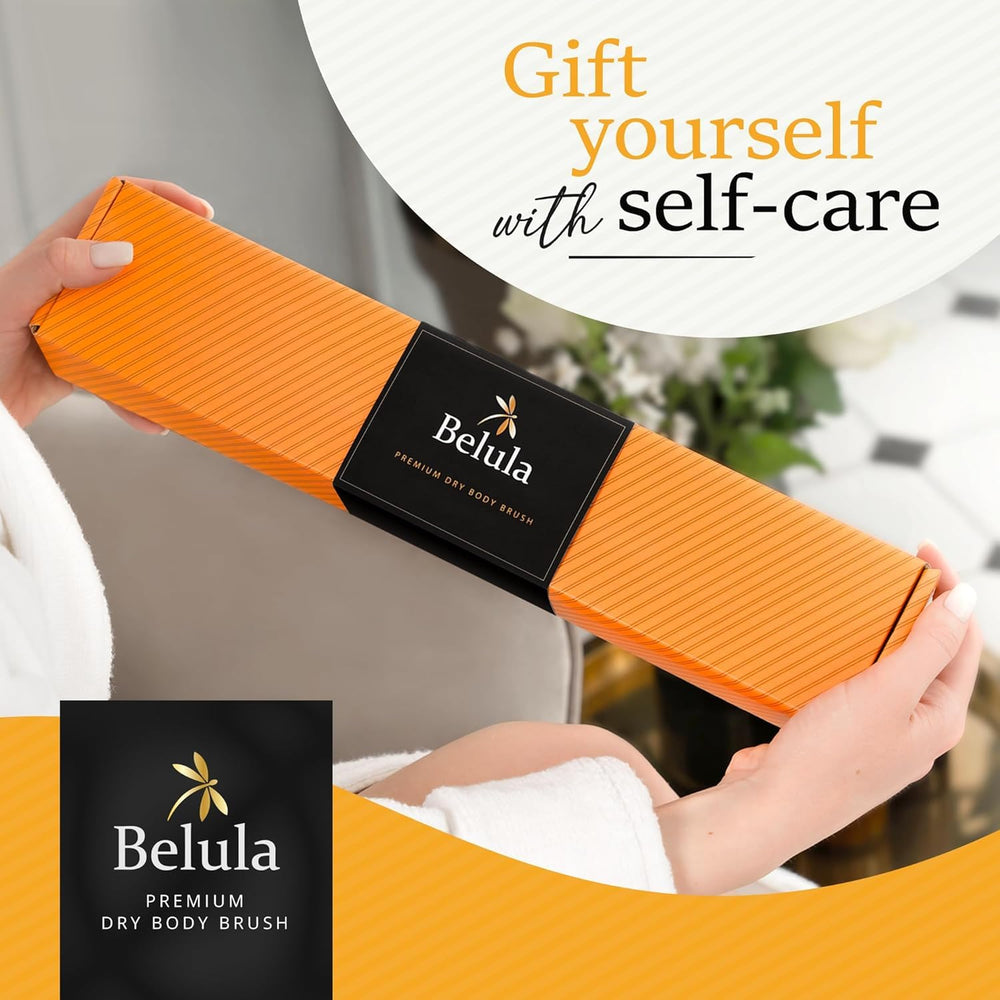 Belula dry brush routine setup on bathroom shelf for daily ritual.