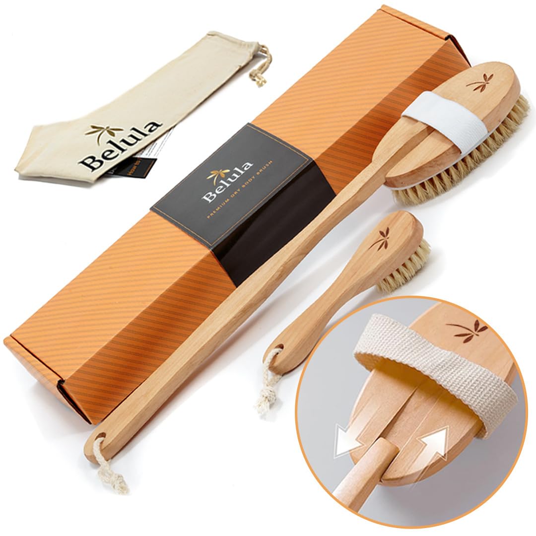 Belula dry brush set body brush with natural boar bristles for exfoliation and circulation.