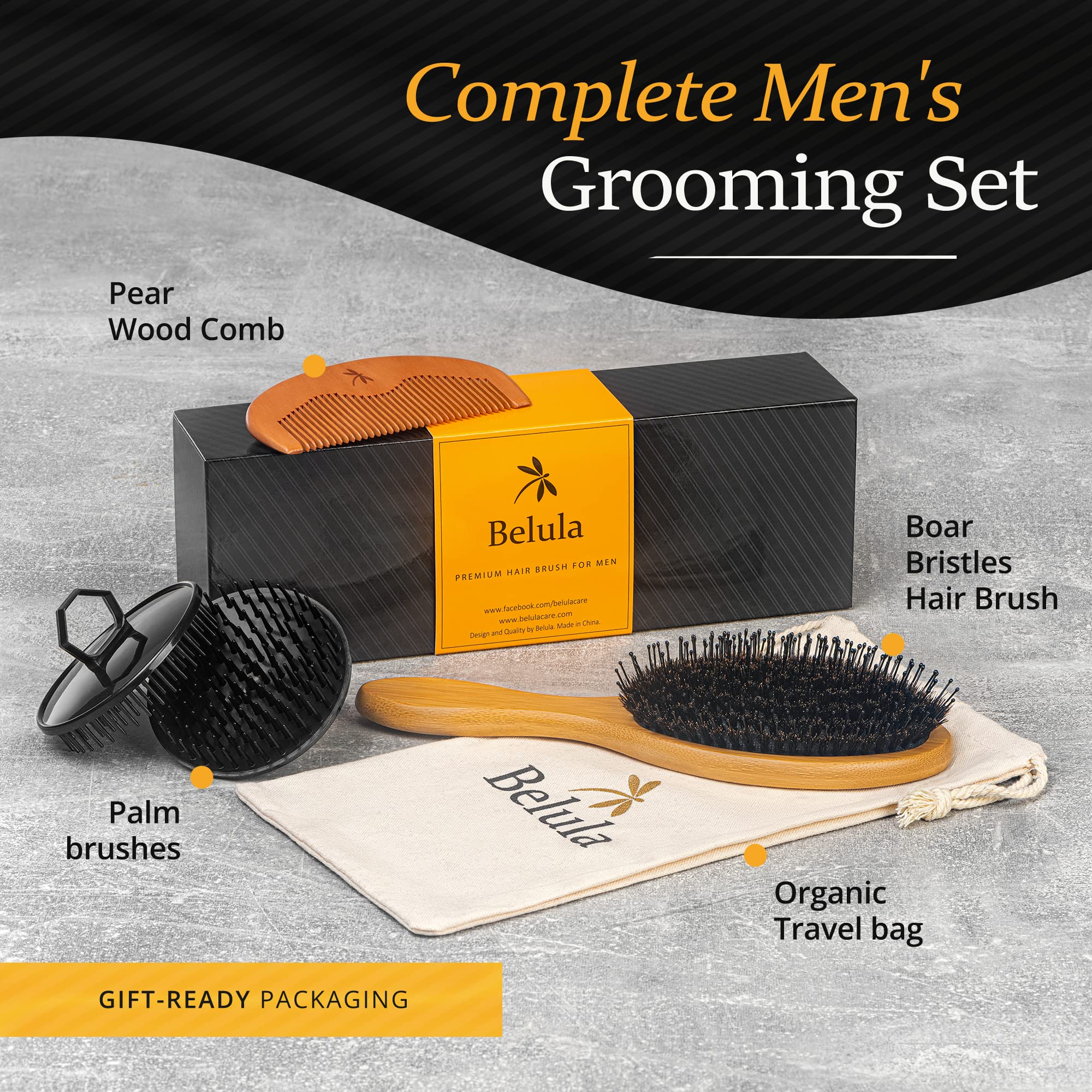 Belula grooming set promotes even sebum distribution for healthier-looking hair.