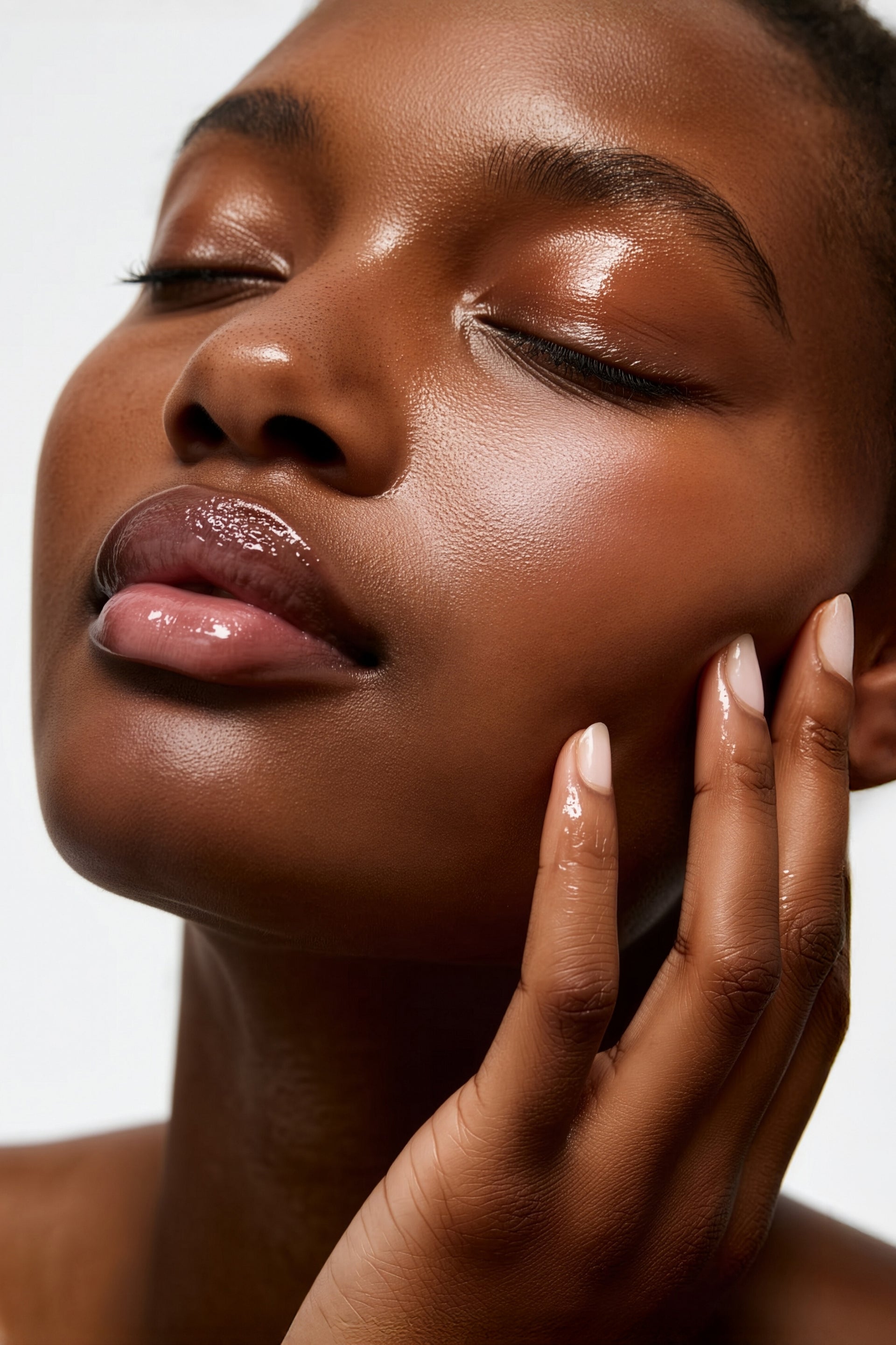 Radiant woman touching her skin, symbolizing Belvera’s story of mindful beauty, balance, and effortless elegance.