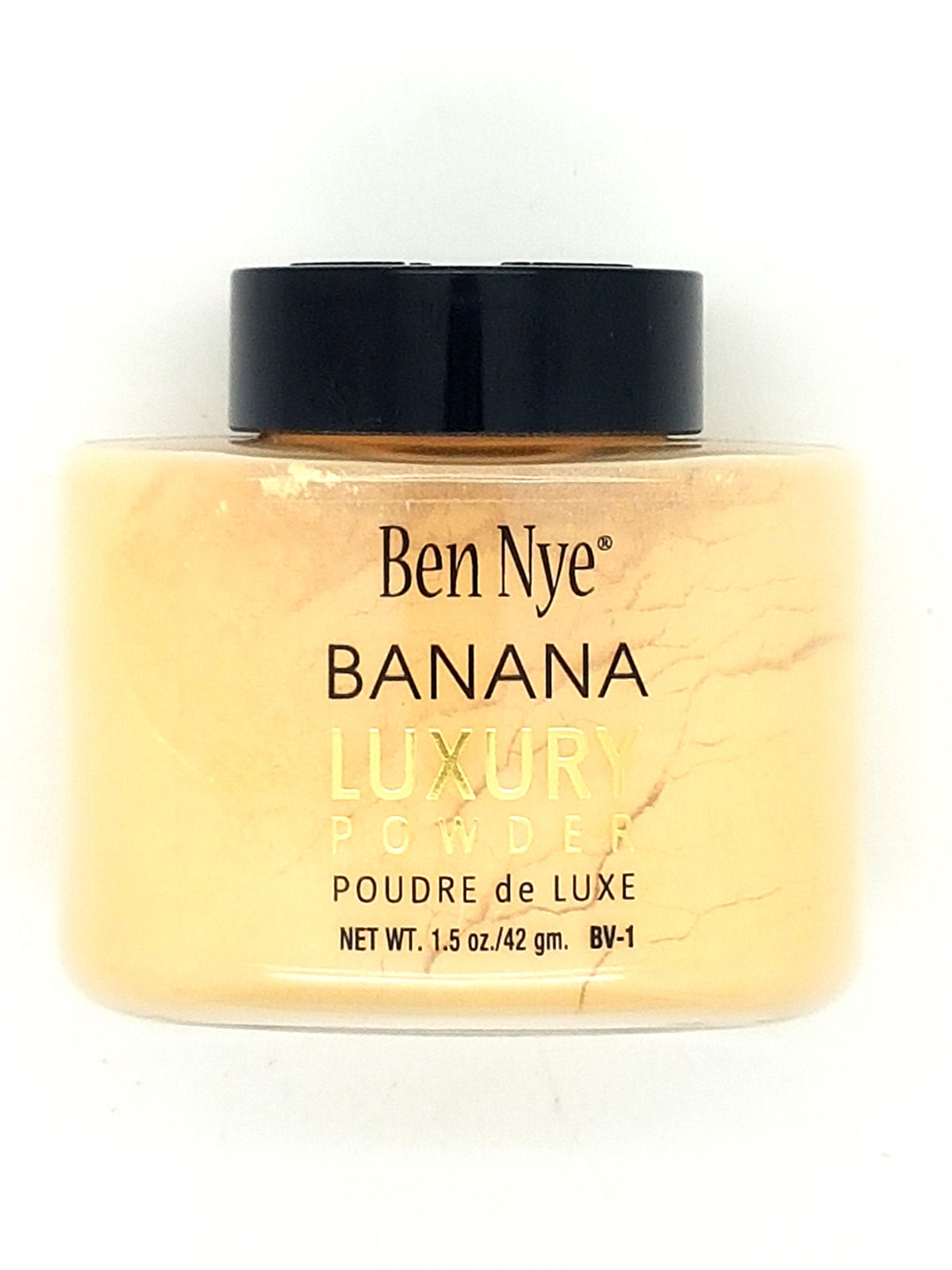 Ben Nye Luxury Powders Banana 1.5oz tin close-up for silky texture and shine control
